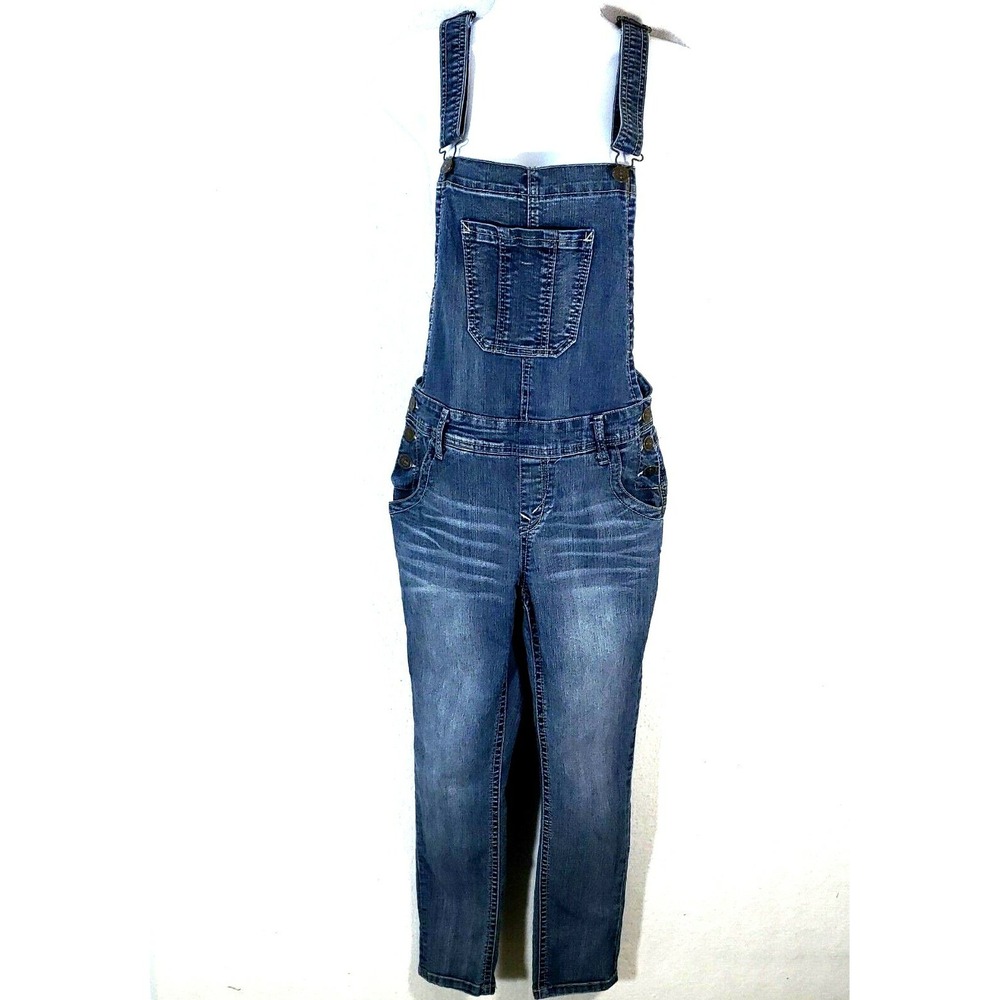 WallFlower Women Medium Overalls Med Wash Blue Y2K Bib Straight Jeans WFN09429M